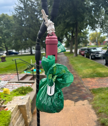 The Ploopp Walker dispenser and hands-free loop in action on leash holding filled green waste bag