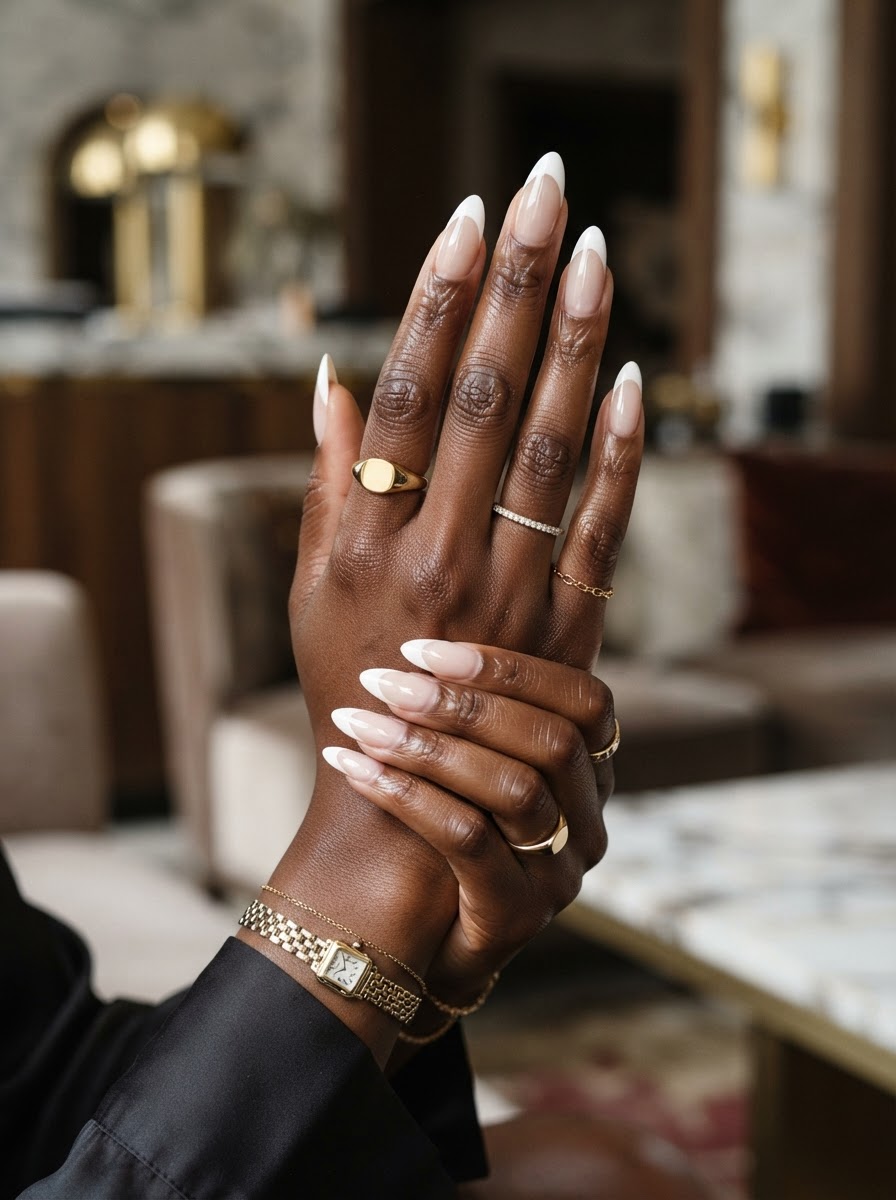 Elegant French manicure on a Black woman's hand with clean white tips