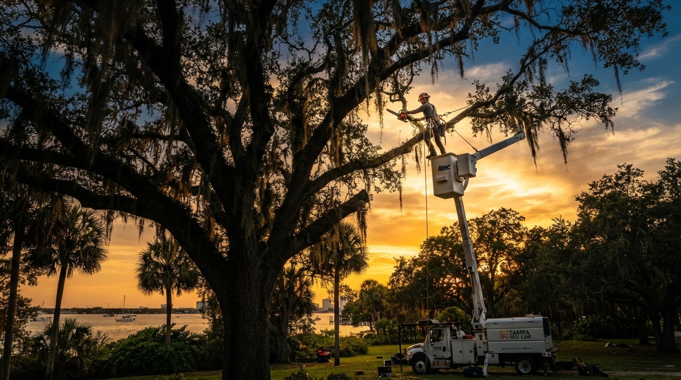 Professional tree service and arborist working on a large live oak tree in Tampa FL