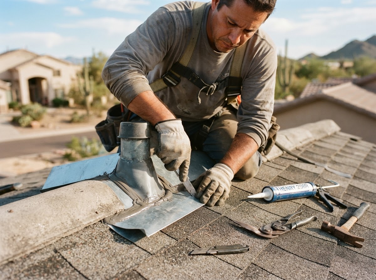 Close-up of flashing repair at a tile roof penetration in Arizona