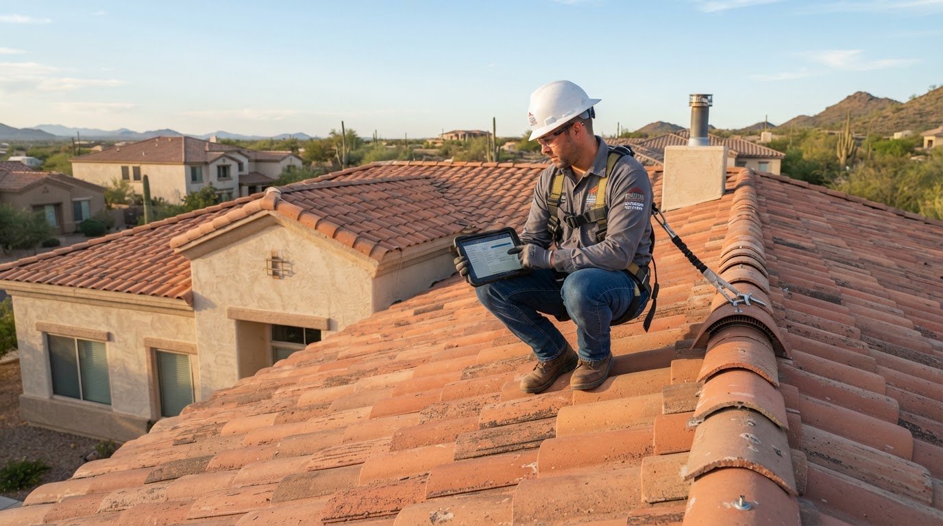Professional roofing inspector documenting the condition of an Arizona tile roof