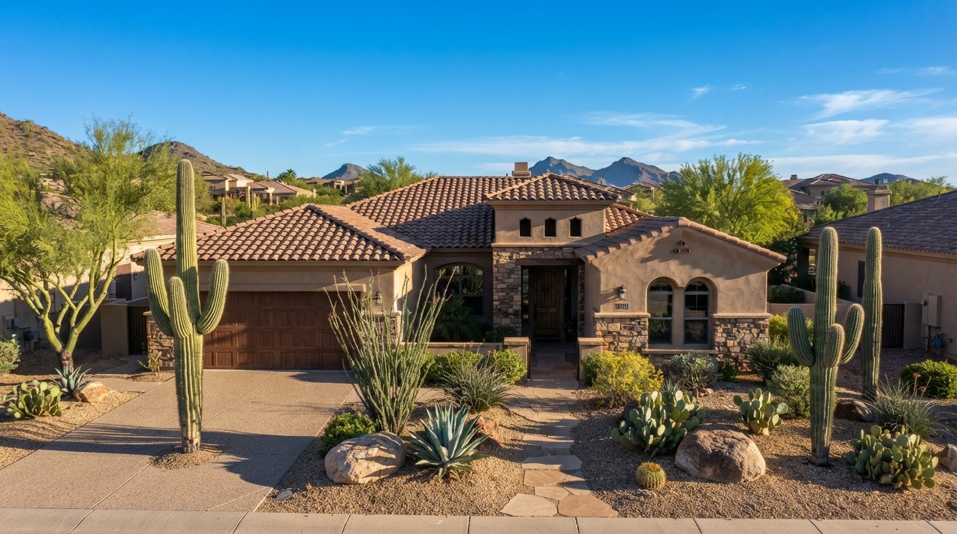 Arizona home with a tile roof under warm desert daylight
