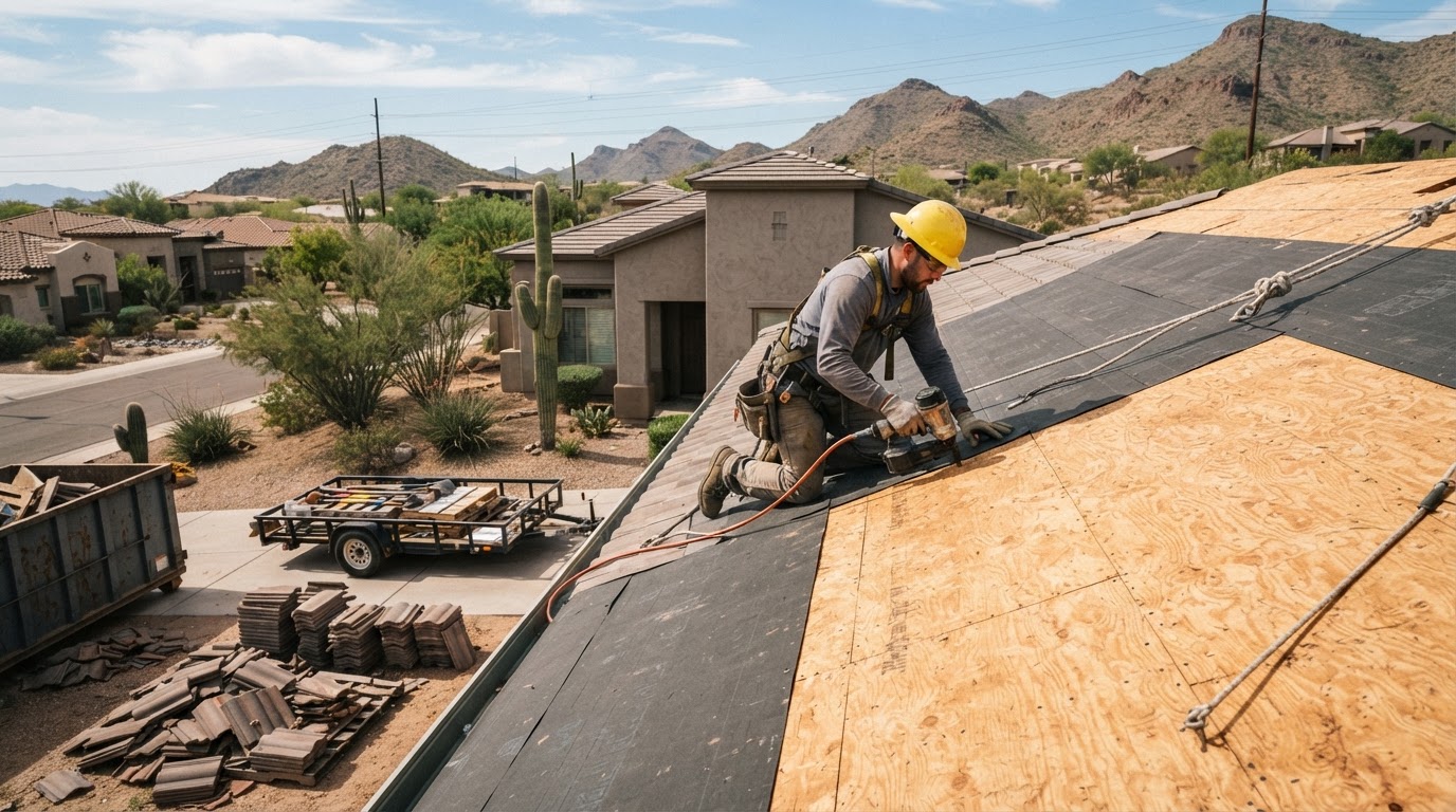 Roofing professional evaluating and documenting an Arizona reroof project