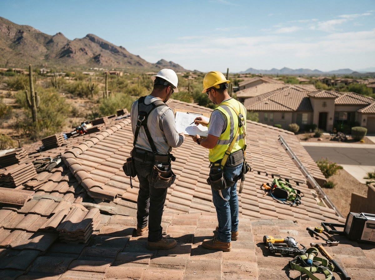Roofing professionals reviewing documentation at an Arizona jobsite