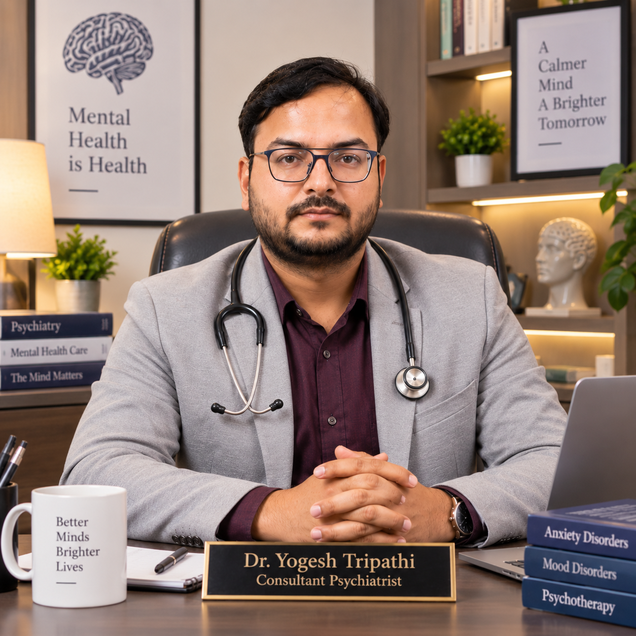 डॉ. योगेश त्रिपाठी (Dr. Yogesh Tripathi) — Consultant Psychiatrist & Neuropsychiatrist inside consultation chamber