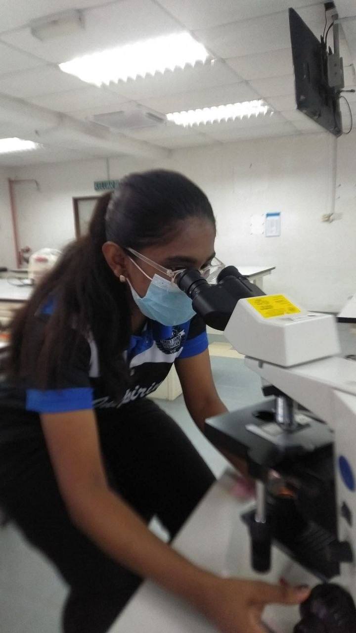 Nesalata Gunasekaran conducting clinical laboratory microscopy analysis
