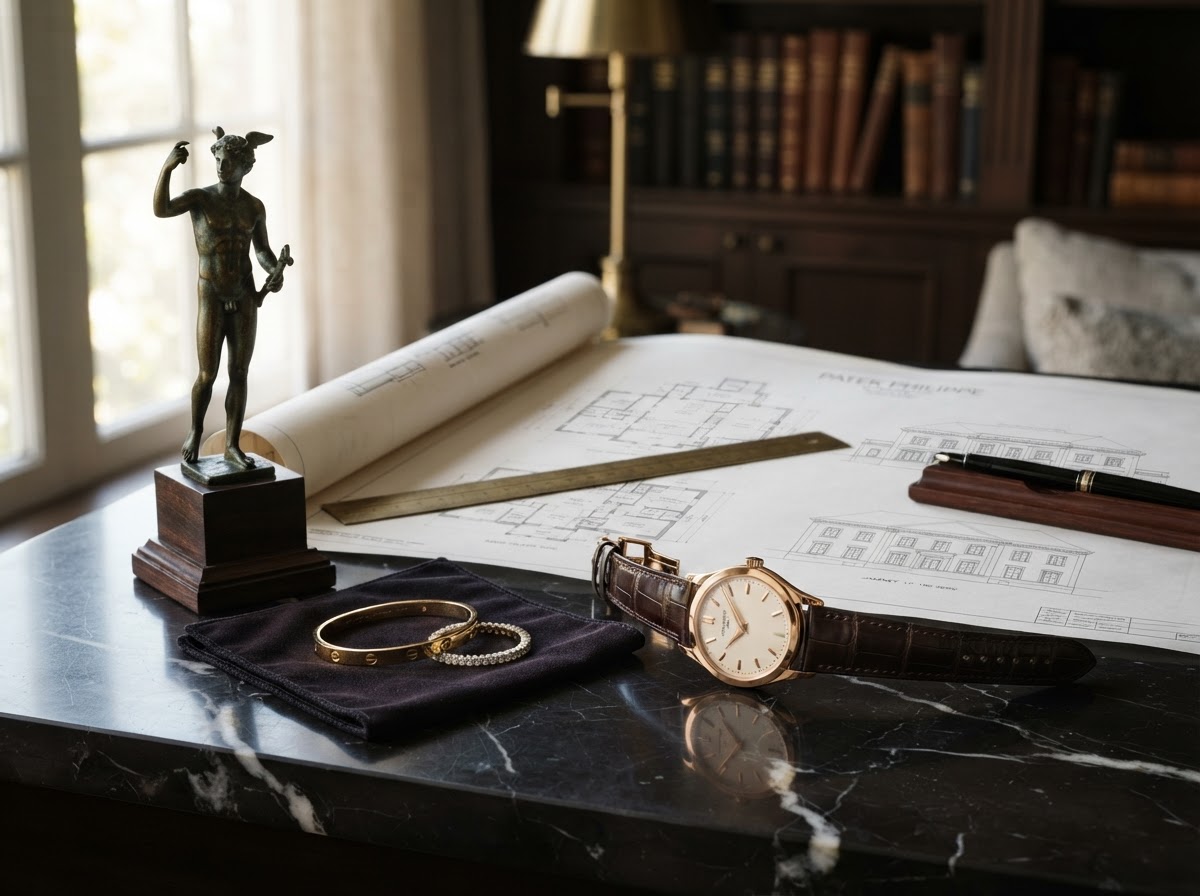 Bienes de alto valor: reloj, joyería y escultura sobre mármol