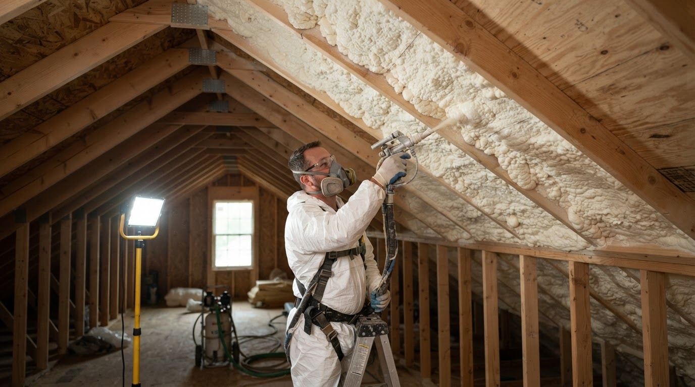 spray foam insulation applied to the underside of a roof deck and rafters in an attic near Madison AL
