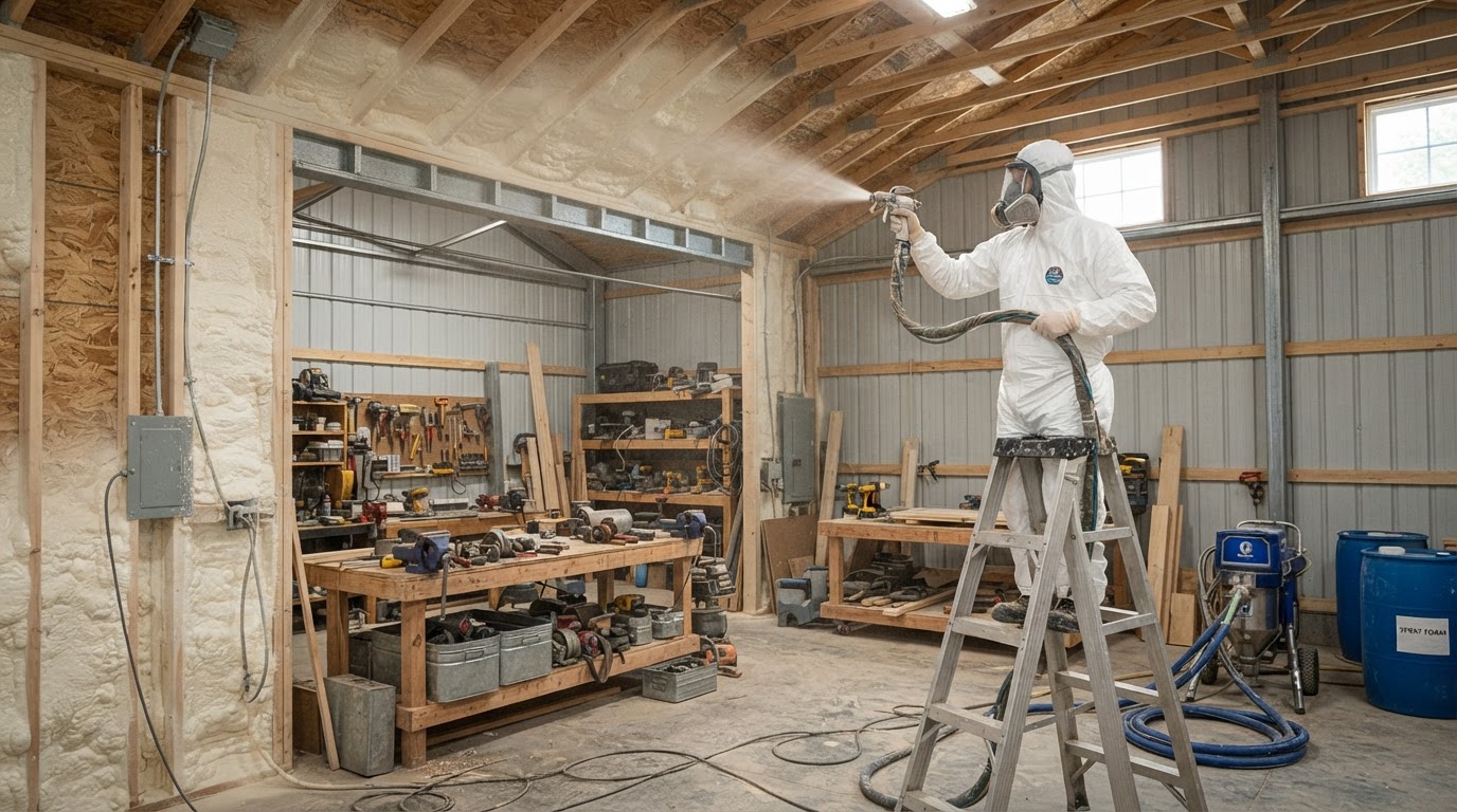 spray foam insulation applied to workshop walls and ceiling with shop tools and benches in the background in Madison Alabama