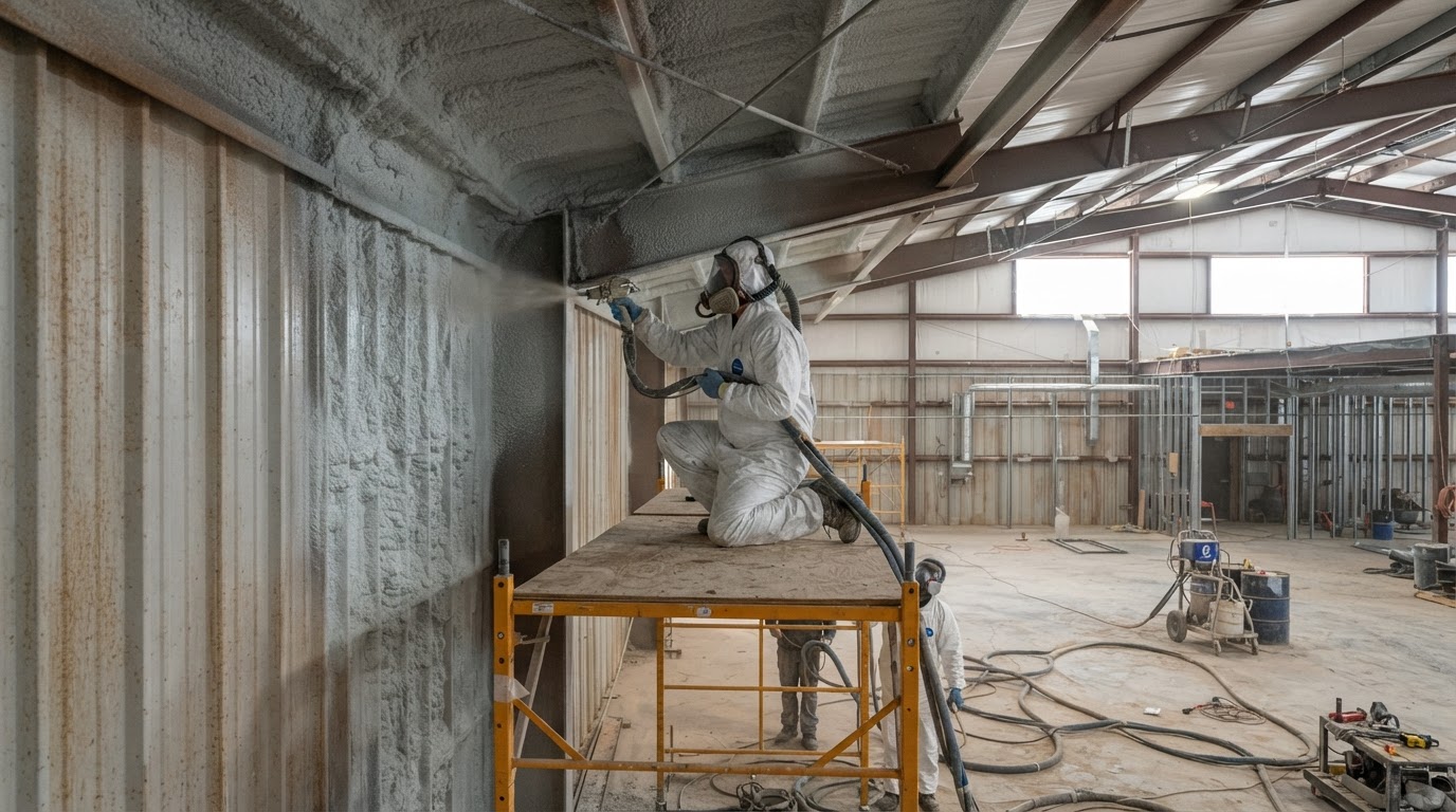 Industrial commercial metal building interior with spray foam insulation application in North Alabama