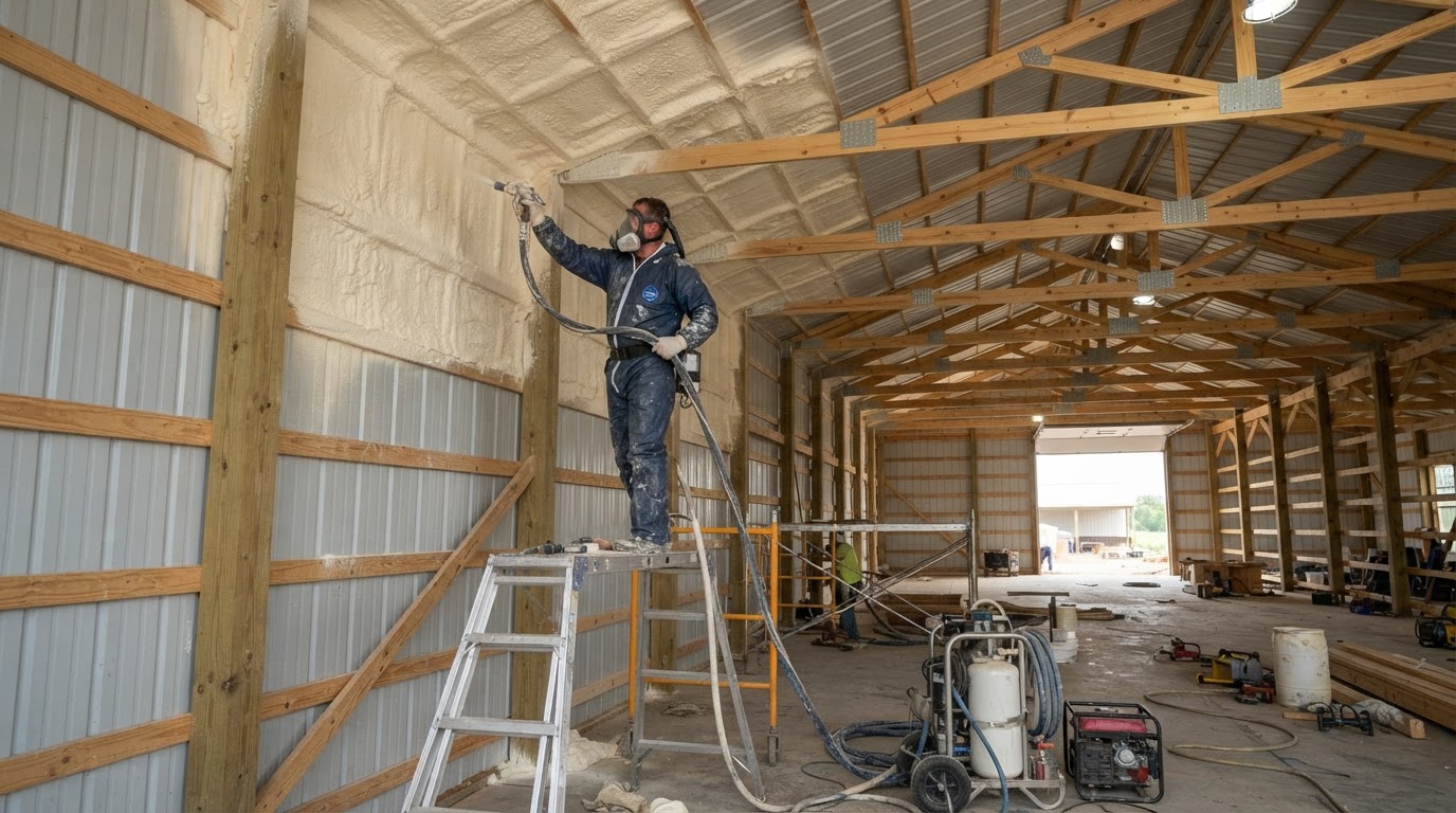pole barn spray foam insulation applied to metal panels serving Ardmore Alabama