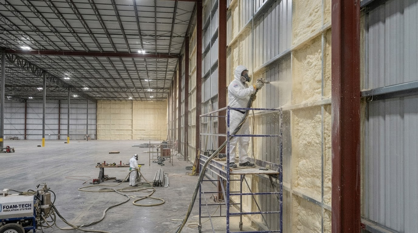 commercial warehouse interior receiving closed-cell spray foam insulation on metal wall panels in North Alabama