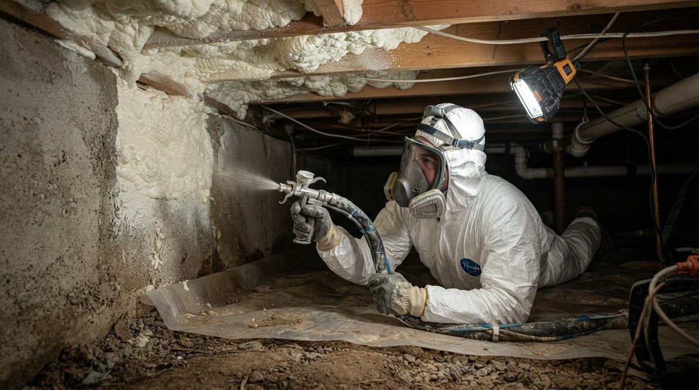 closed-cell spray foam insulation applied to crawl space stem walls and subfloor joists near Madison Alabama