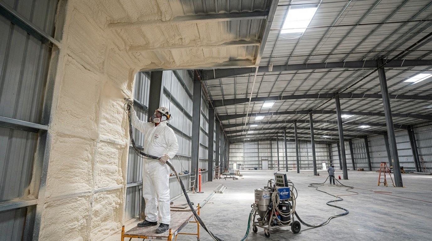 closed cell spray foam insulation applied to the interior walls and ceiling of a commercial warehouse near Madison Alabama