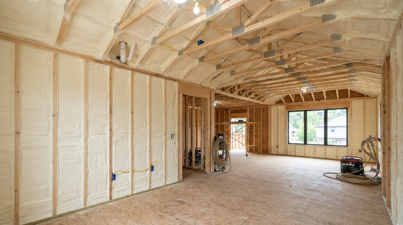 Interior building envelope spray foam insulation applied between wall framing studs in Madison Alabama