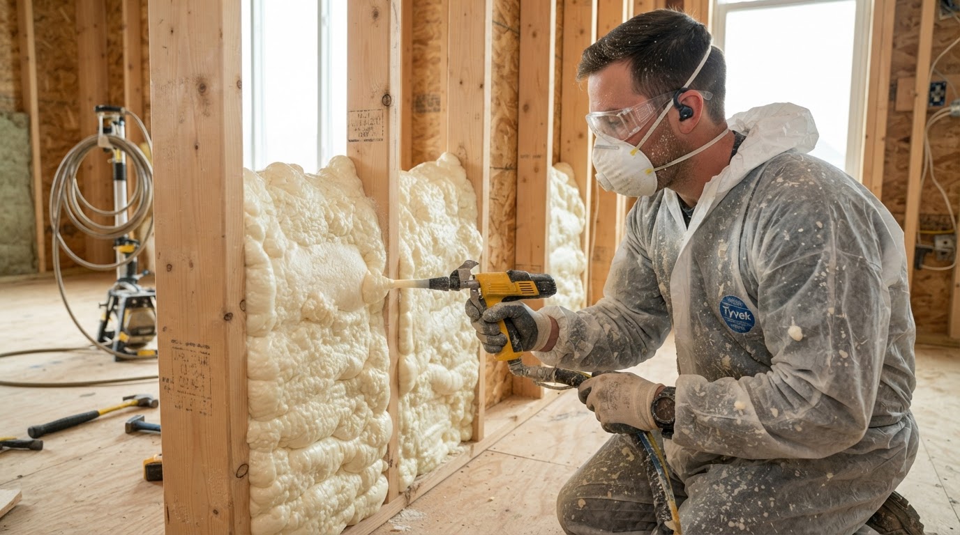 open-cell spray foam insulation expanding in a residential wall cavity between wood studs in Madison Alabama
