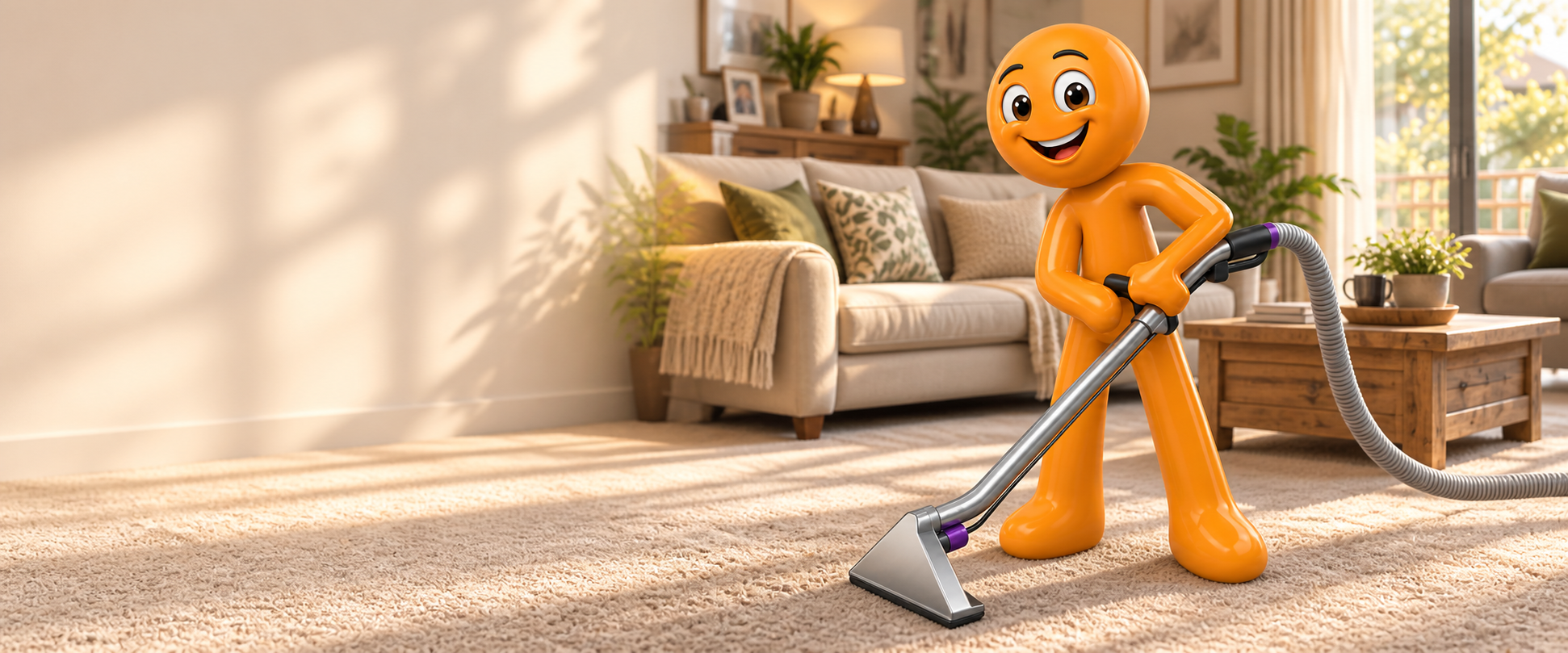 George with cleaning wand in living room with deep-cleaned carpet