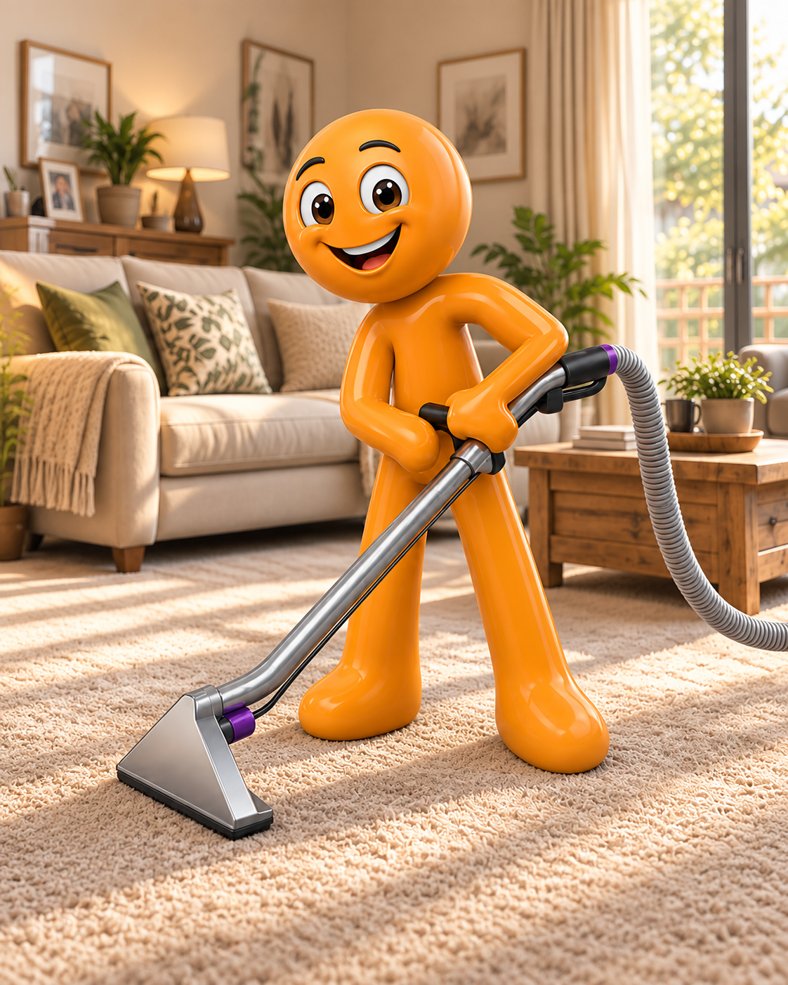 Clean and Go mascot George cleaning a living room carpet