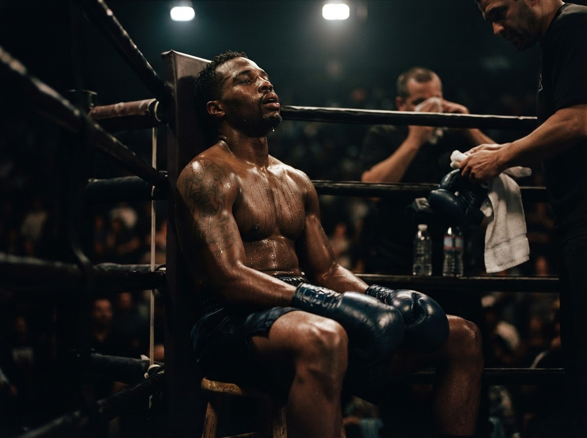 Boxer under heavy pressure on fight night, tired and pushed to the limit