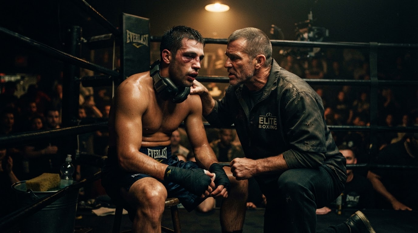 Fight-night corner atmosphere, a coach gripping a fighter's shoulder before the final round