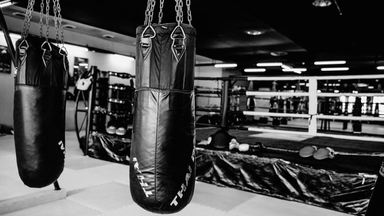Heavy bags hanging in an empty boxing gym with ring in the background