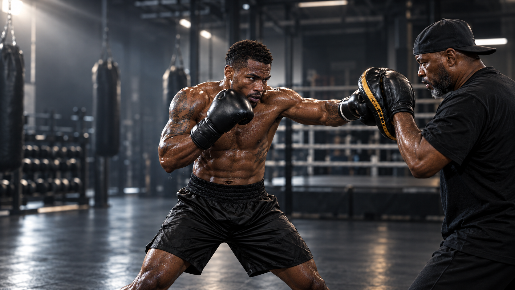 Coach Eric A. Bradley catching explosive punches on pads from a muscular fighter in a dark high-performance gym