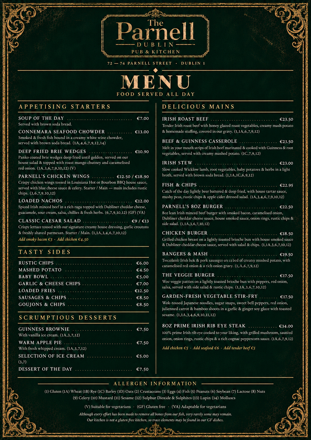 The Parnell Dublin Food Menu