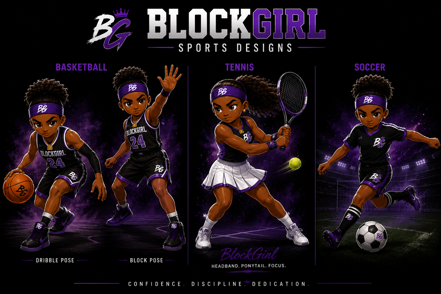 Block Girl Sports Designs: Basketball, Tennis, Soccer athletes