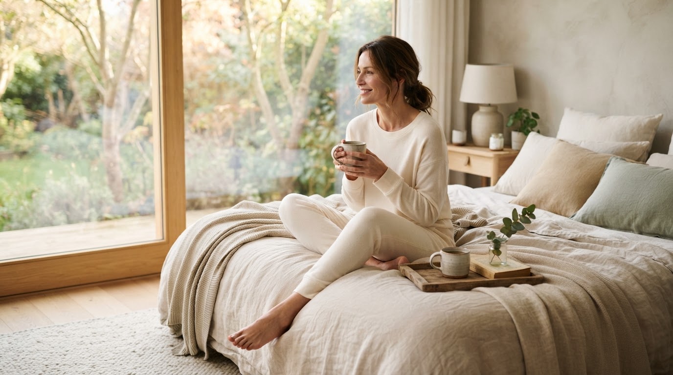 A calm morning wellness scene with soft natural light