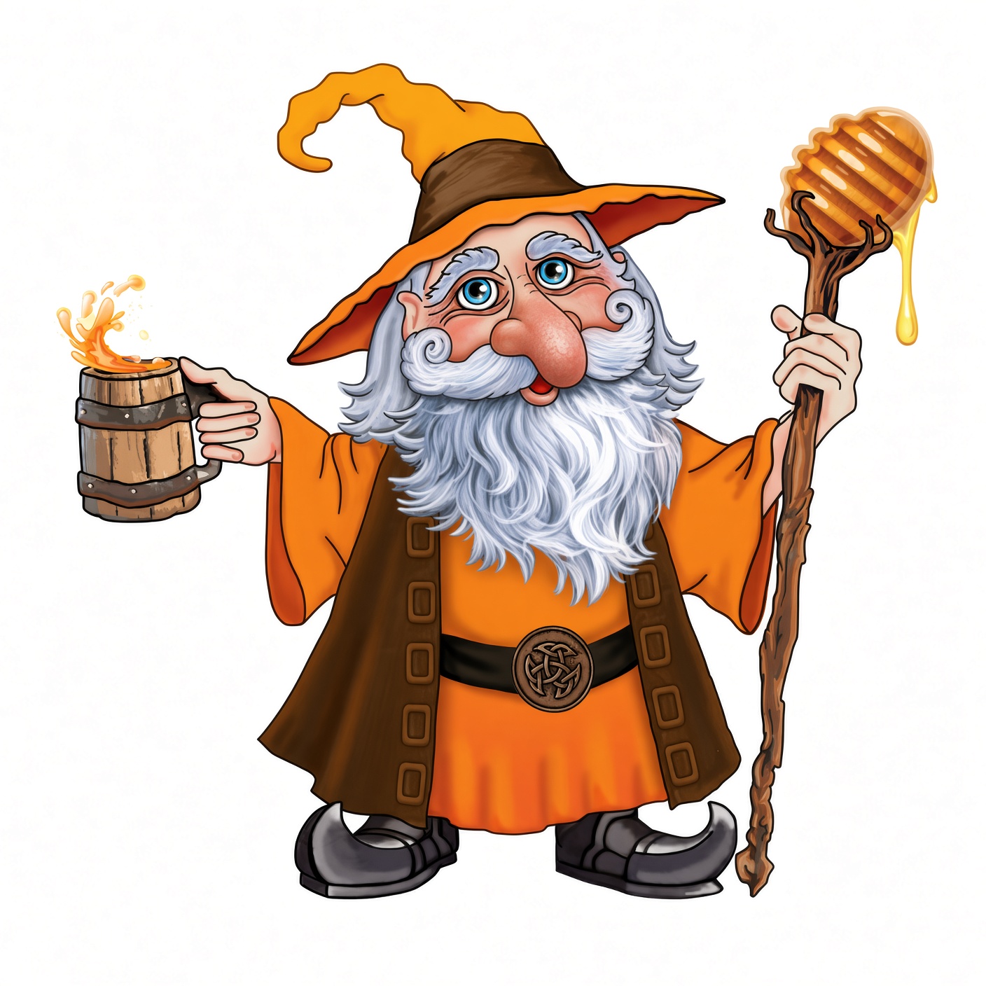 Official Olde Merl Mascot holding honey staff and mead mug
