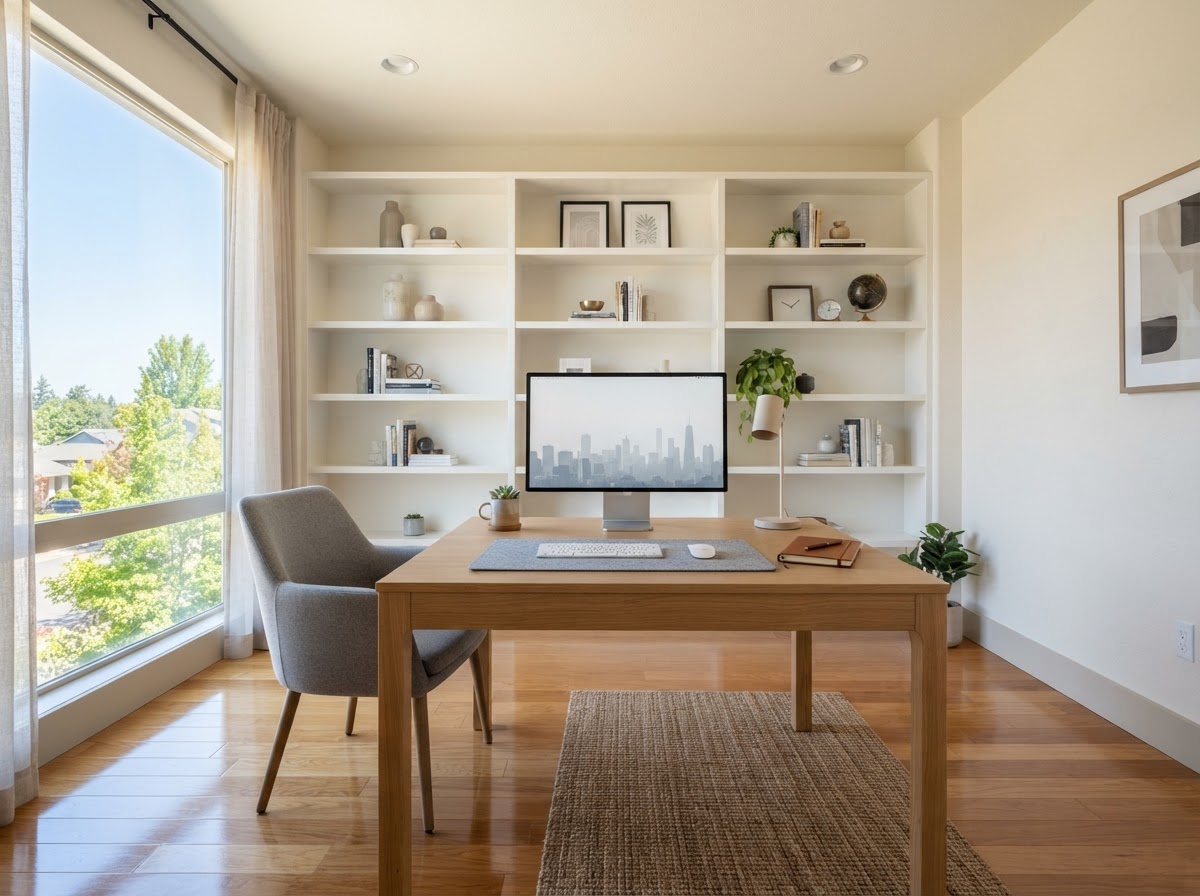 Clean modern home office with a tidy desk, dust-free shelves, and polished floor after cleaning