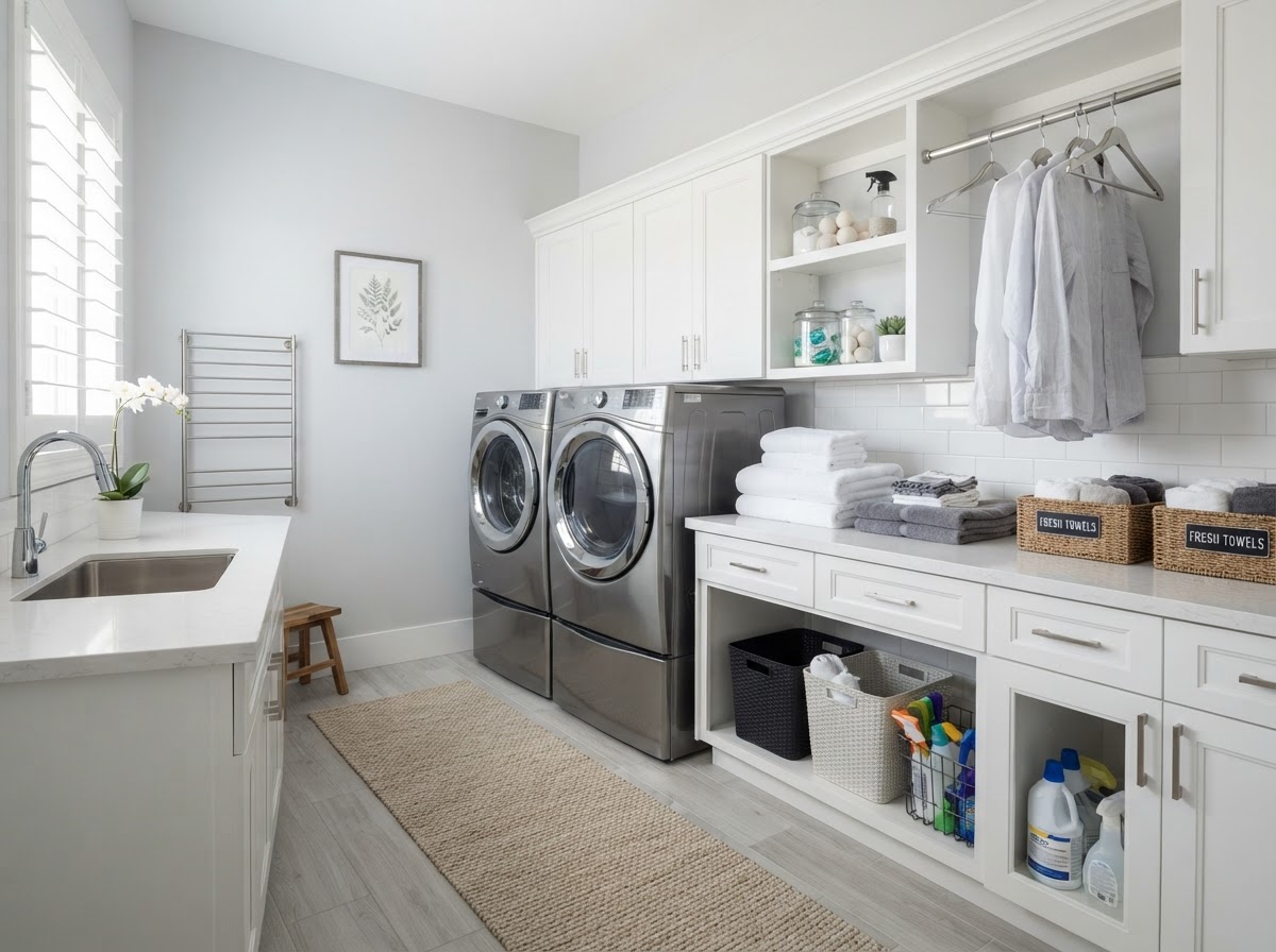 Spotless laundry room with clean appliances, folded towels, and dust-free surfaces after cleaning