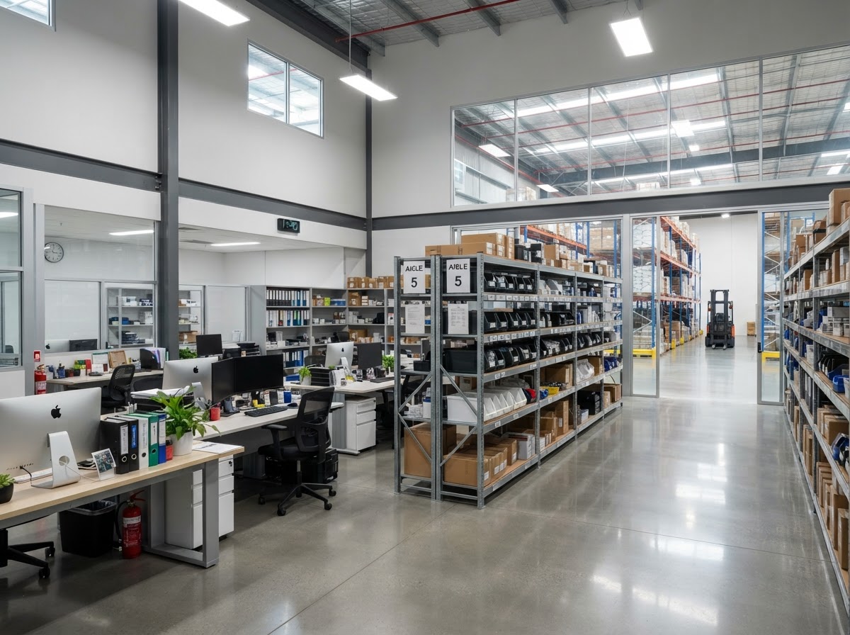 Clean warehouse office area with polished floors and dust-free shelving after commercial cleaning