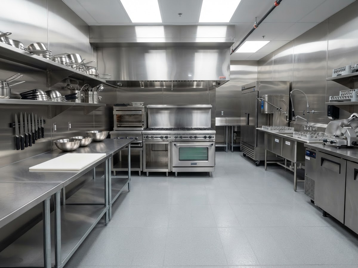 Sparkling clean stainless steel commercial kitchen with sanitized surfaces and gleaming equipment