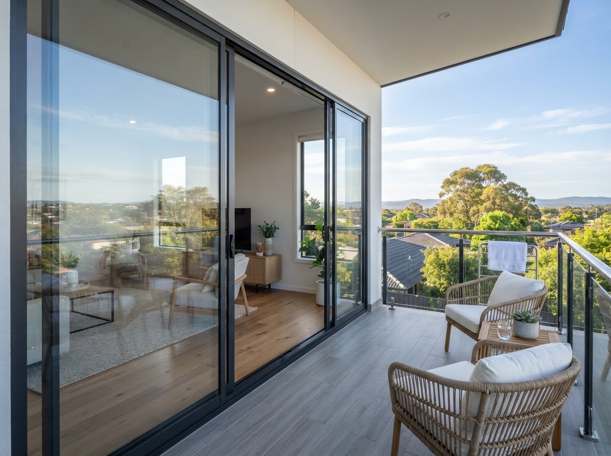 Freshly cleaned home balcony with streak-free glass doors and wiped railings after cleaning