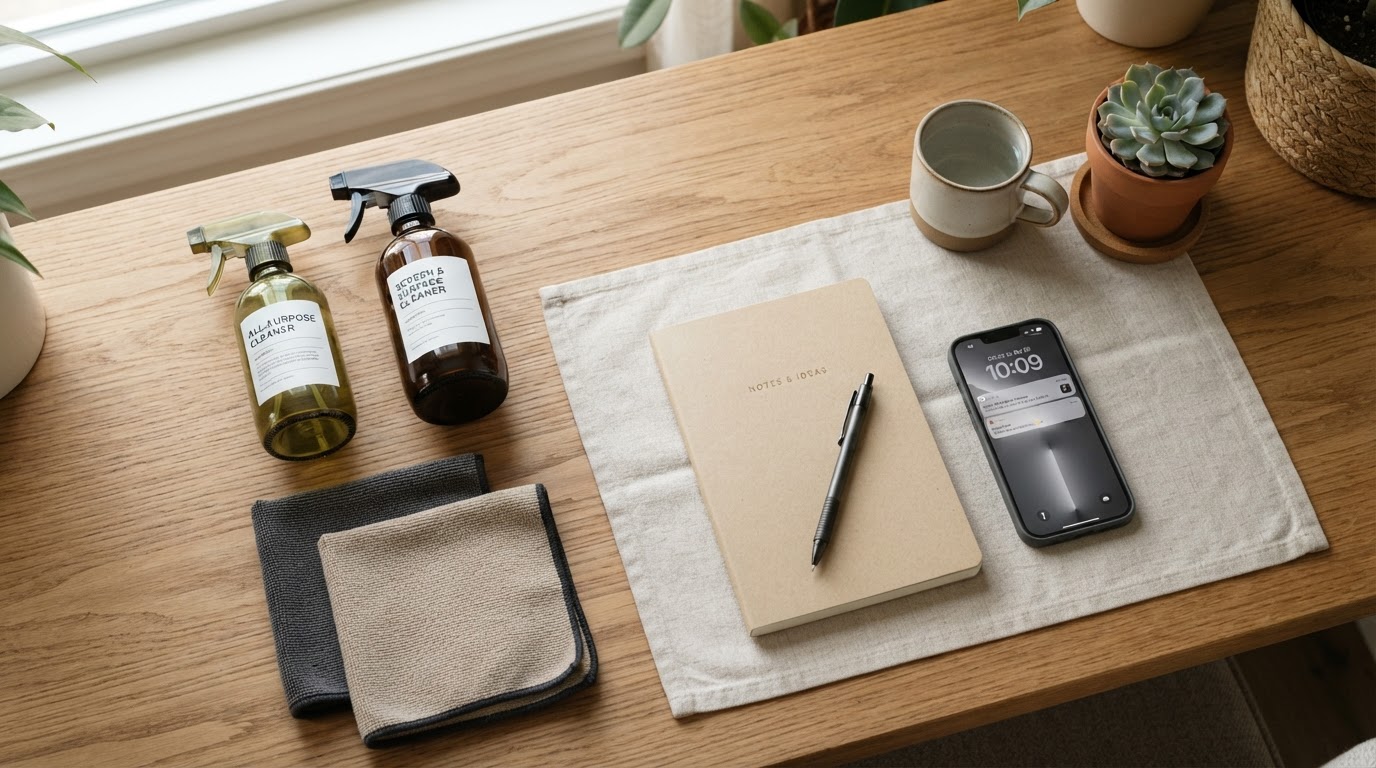 Eco-friendly cleaning supplies and folded microfiber cloths on a desk