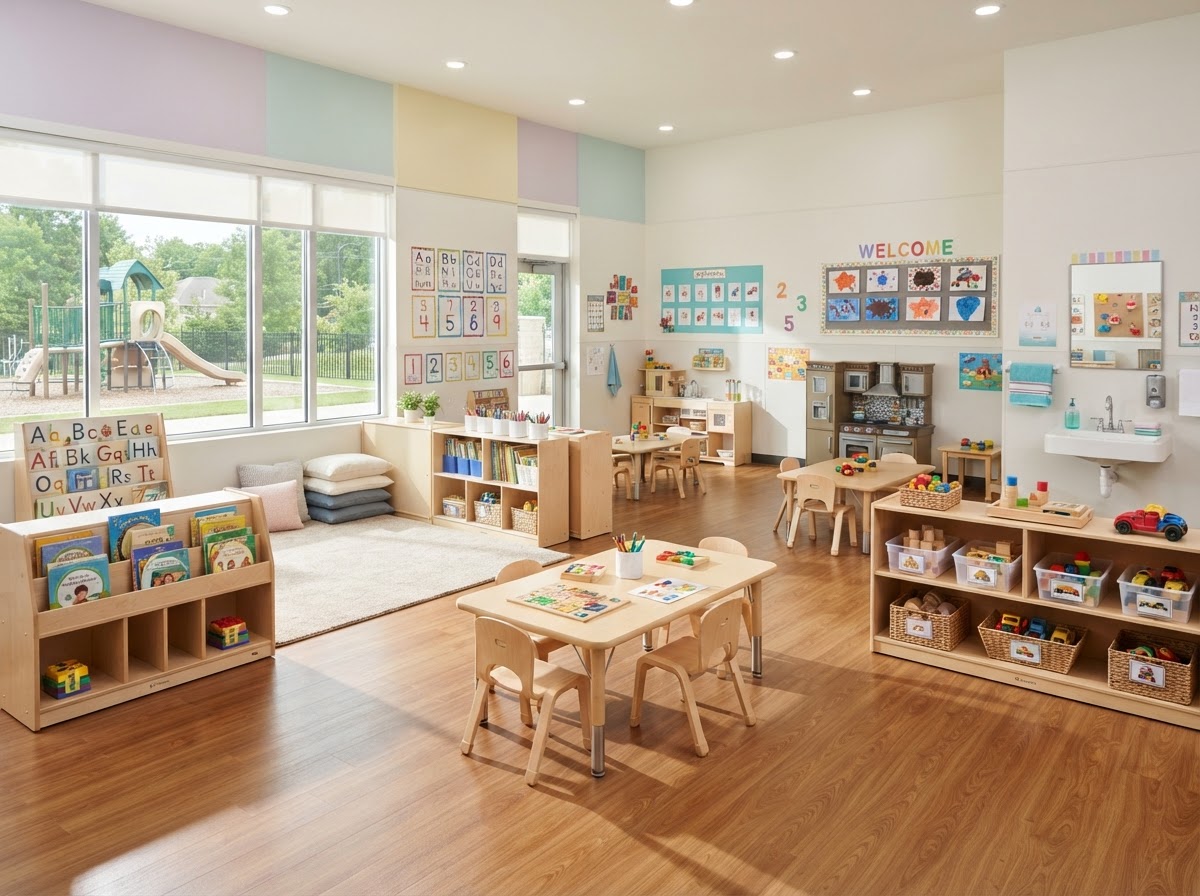 Clean, organized daycare classroom with sanitized surfaces and spotless floors after cleaning