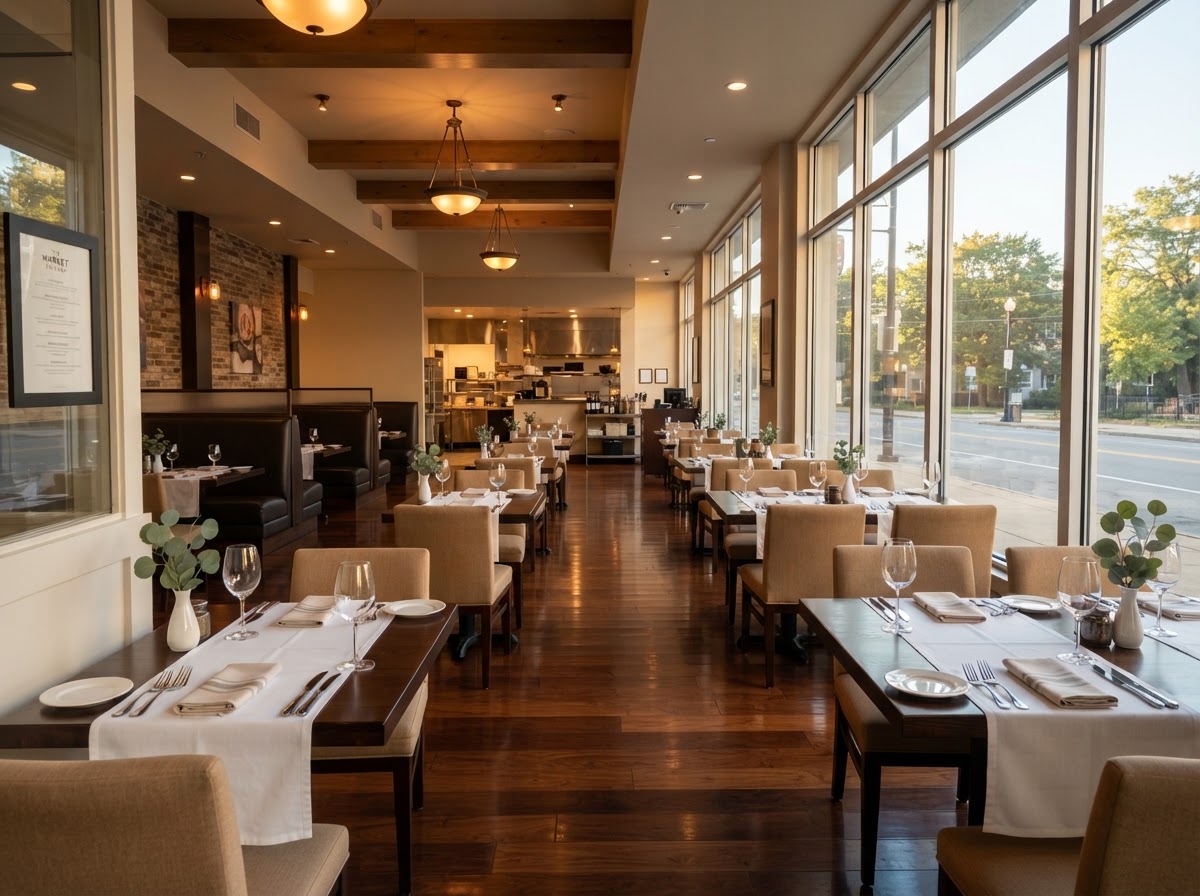 Clean restaurant dining area with spotless tables and polished floors after a professional cleaning