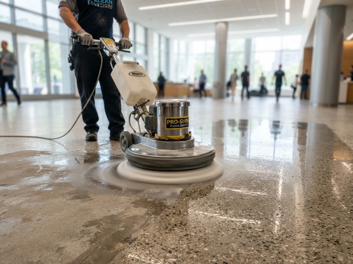 Floor polishing machine restoring a glossy finish on a hard surface floor during maintenance
