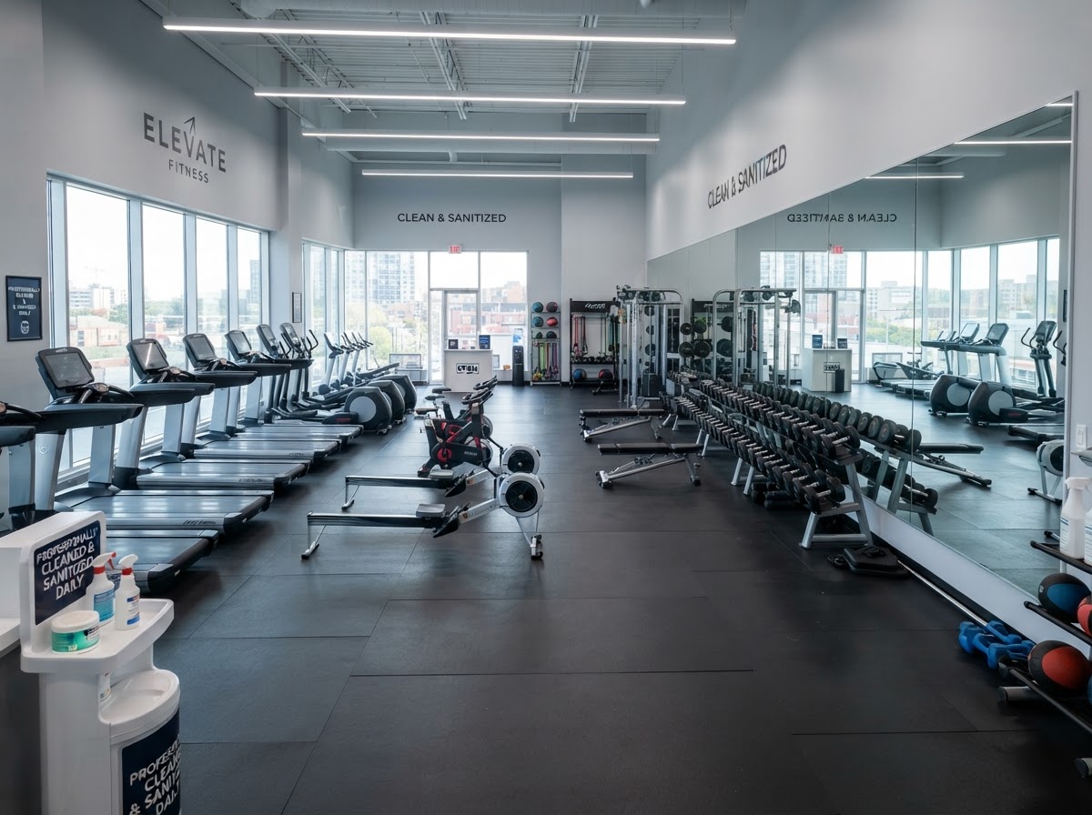 Freshly cleaned gym studio with sanitized equipment, spotless rubber floors, and clean mirrors