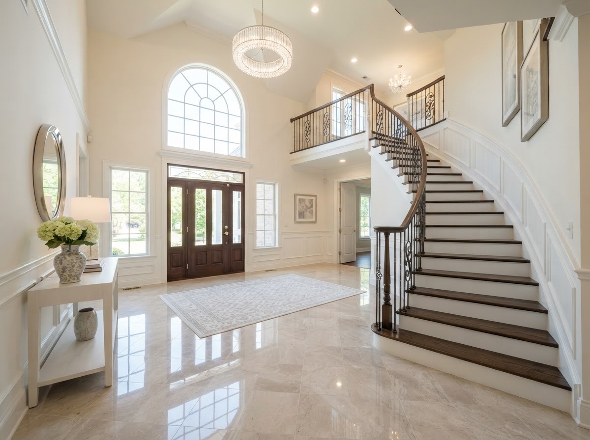 Spotless two-story entryway foyer with polished tile floors and dust-free decor after home cleaning