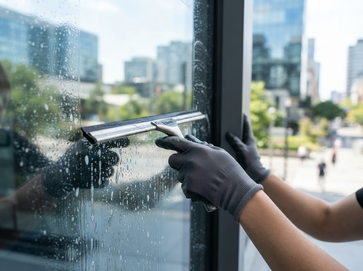 Gloved hands wiping a glass window with a squeegee, leaving a streak-free shine