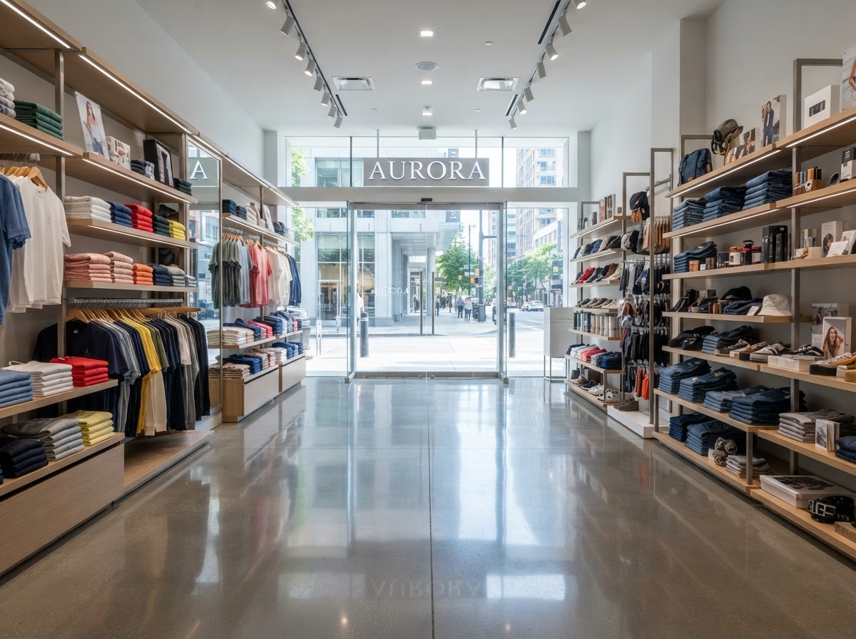 Clean retail store floor with polished surfaces and streak-free glass entrance after cleaning
