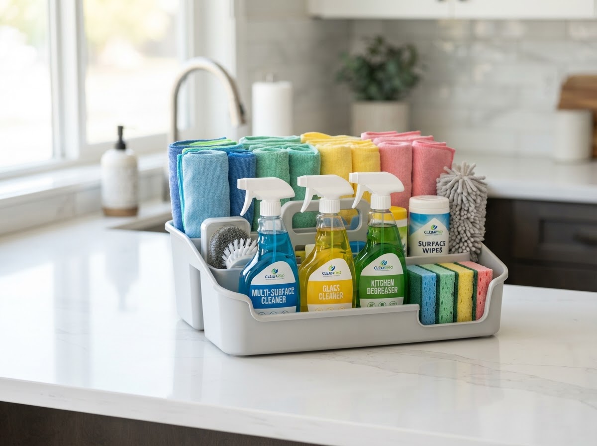 Professional cleaning caddy with neatly arranged microfiber cloths and color-coded sponges