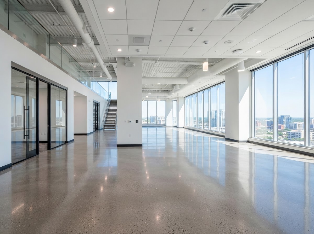 Post-construction commercial space with polished concrete floor and dust-free surfaces after final cleanup
