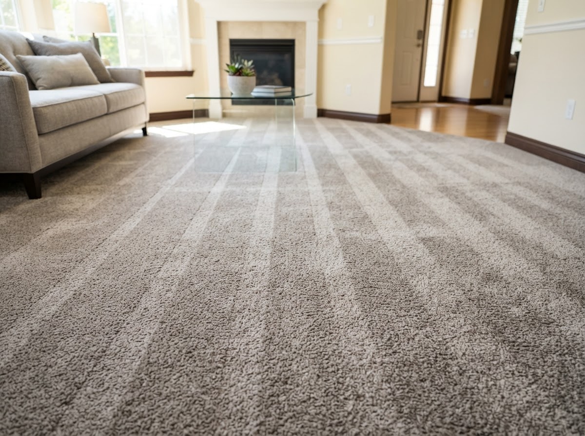 Clean carpet with fresh vacuum lines after a professional carpet cleaning and deep care service