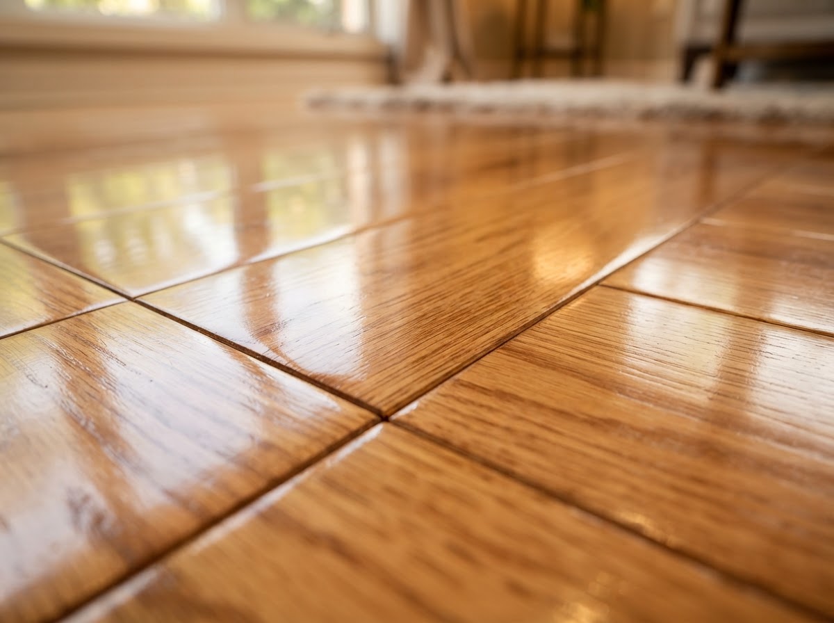Close-up of freshly polished hardwood floors with a glossy, streak-free finish after floor maintenance
