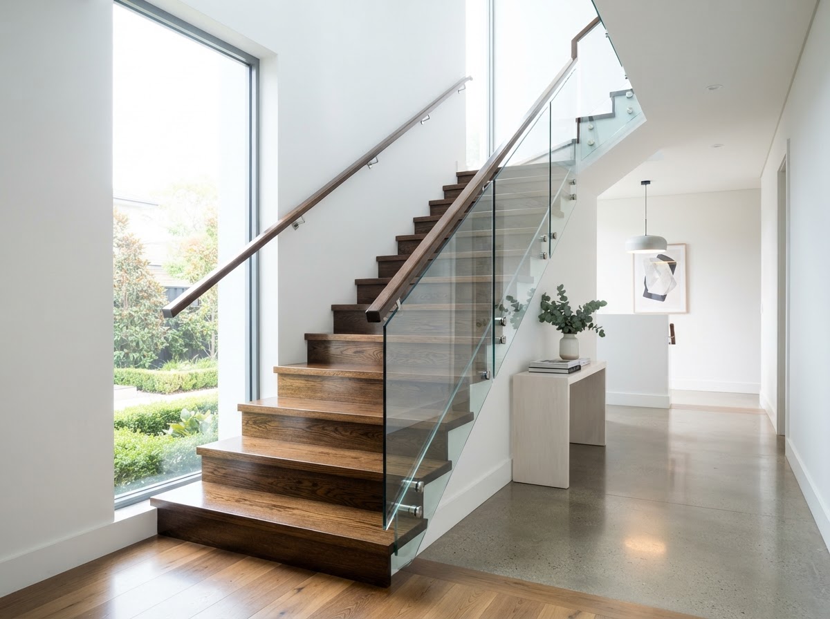 Freshly cleaned modern staircase with dust-free railings and spotless polished steps