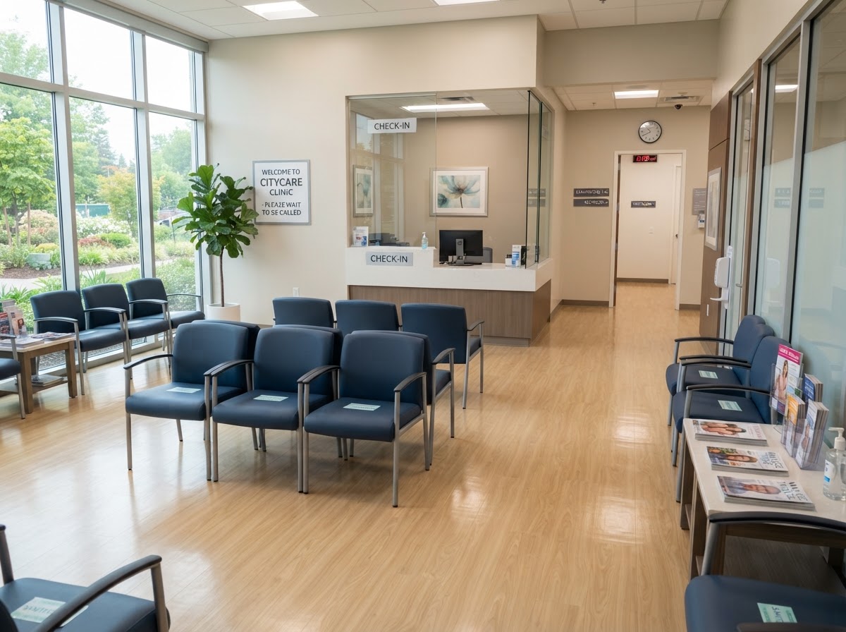 Clean medical clinic waiting room with sanitized chairs and spotless floor after professional cleaning