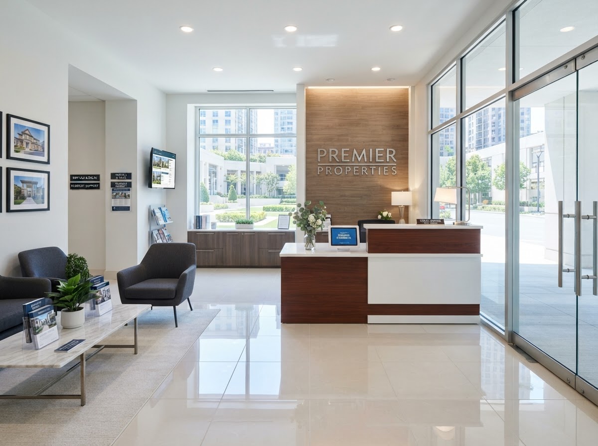 Clean property management office lobby with polished floors and dust-free reception desk